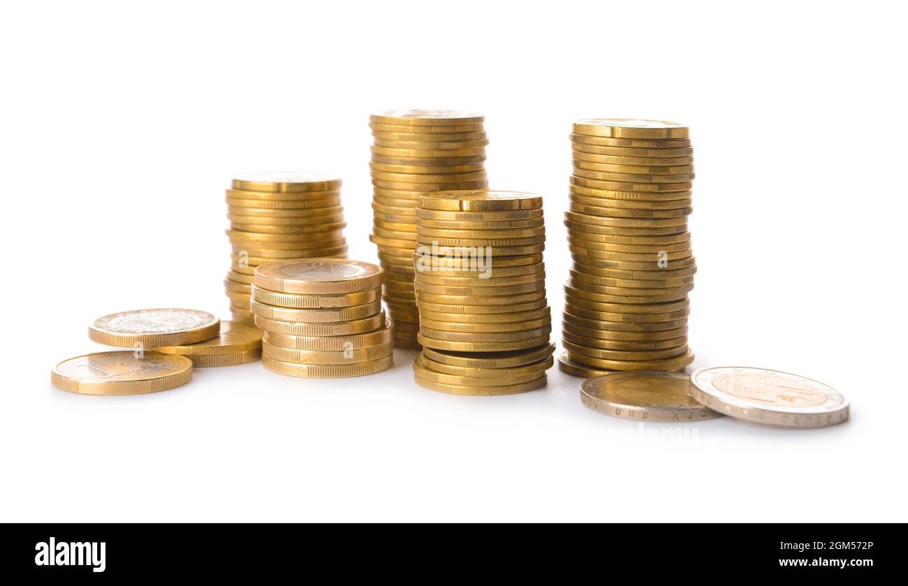Golden coins on white background Stock Photo - Alamy