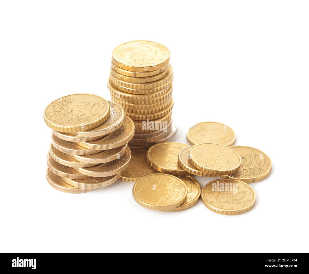 Golden coins on white background Stock Photo - Alamy