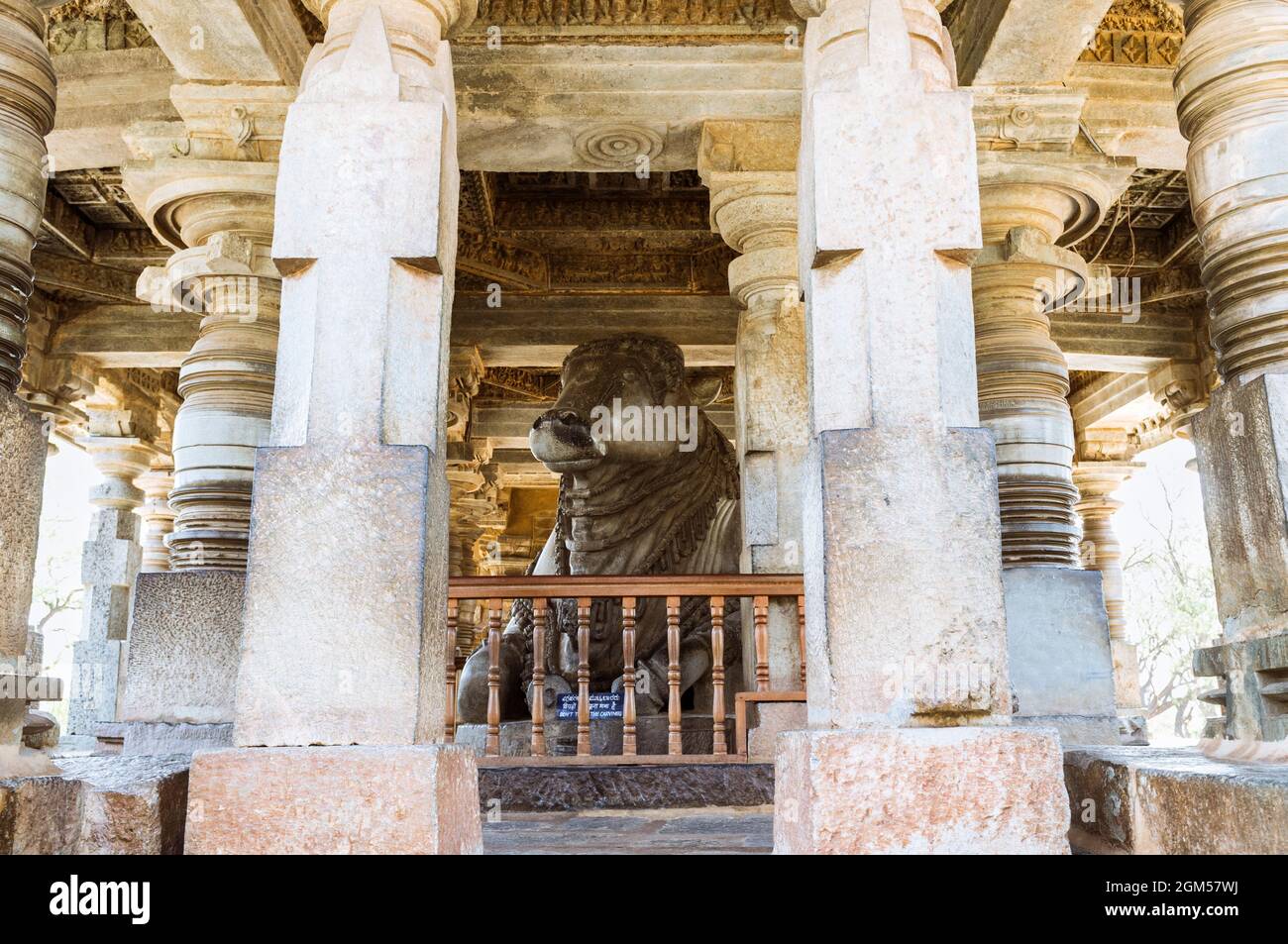 Halebid, Karnataka, India : Nandi shrine within the 12th-century Hoysaleswara Temple. Stock Photo