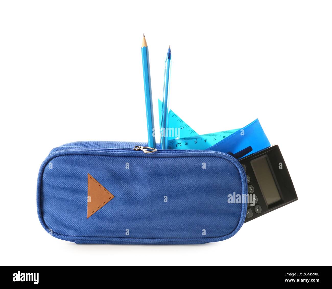 Blue pencil case with stationery on white background Stock Photo Alamy — free download