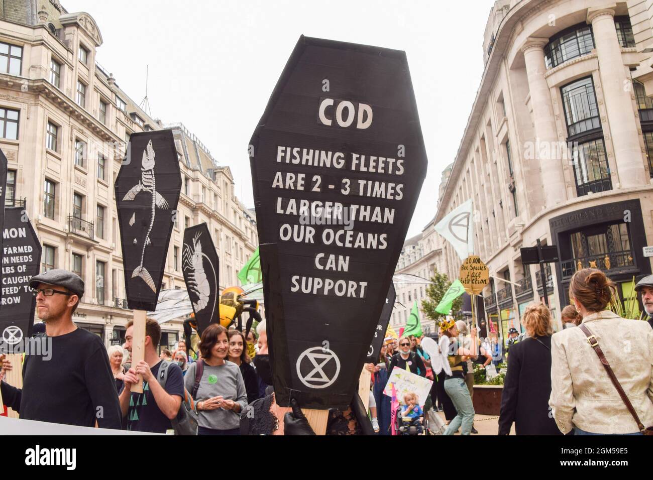 London, United Kingdom. 4th September 2021. Extinction Rebellion protesters in Regent Street during the March For Nature on the final day of their two-week Impossible Rebellion campaign, calling on the UK Government to act meaningfully on the climate and ecological crisis. Stock Photo