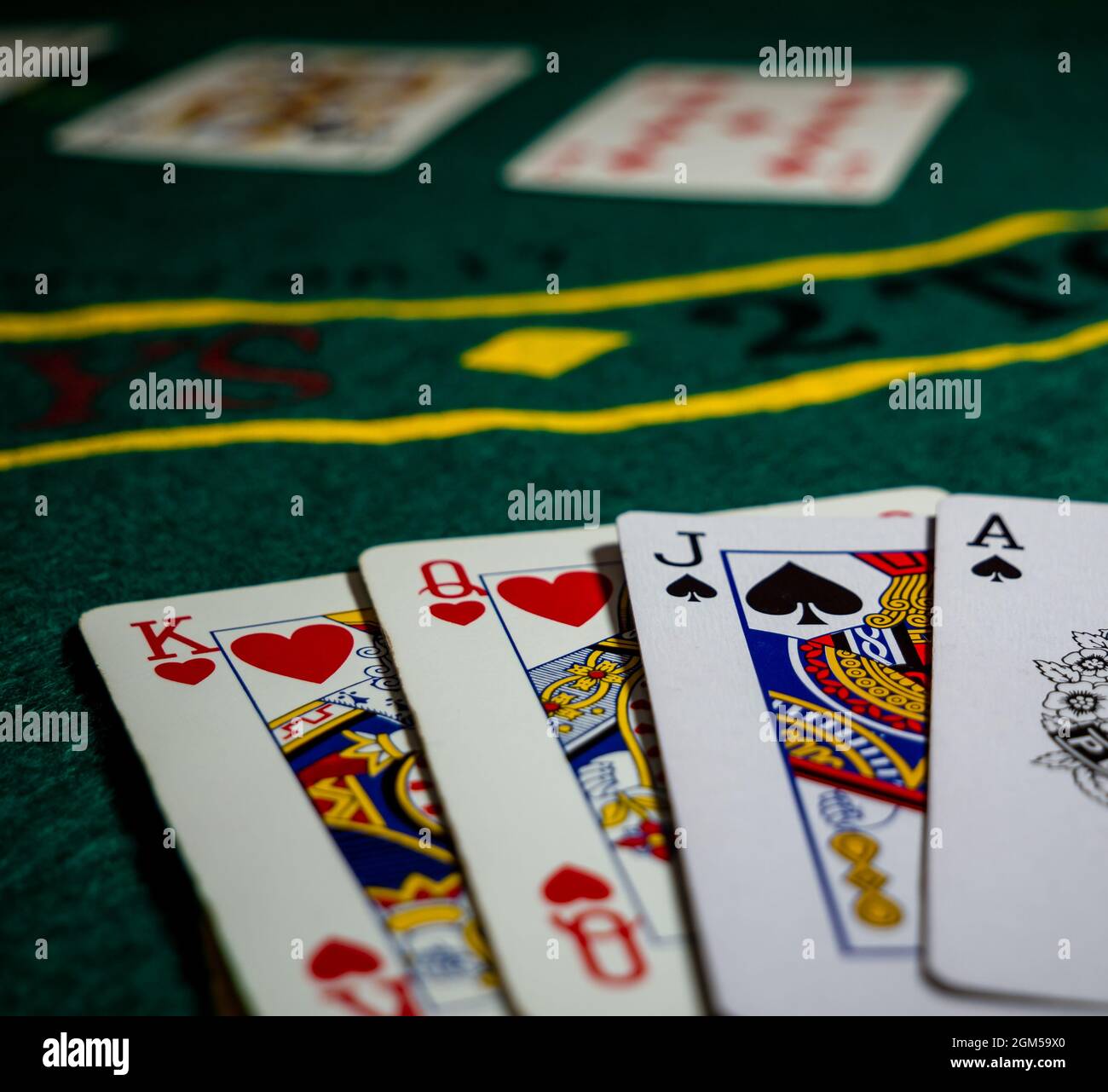 cards with Royal flushs scoring hand at the gaming Stock Photo