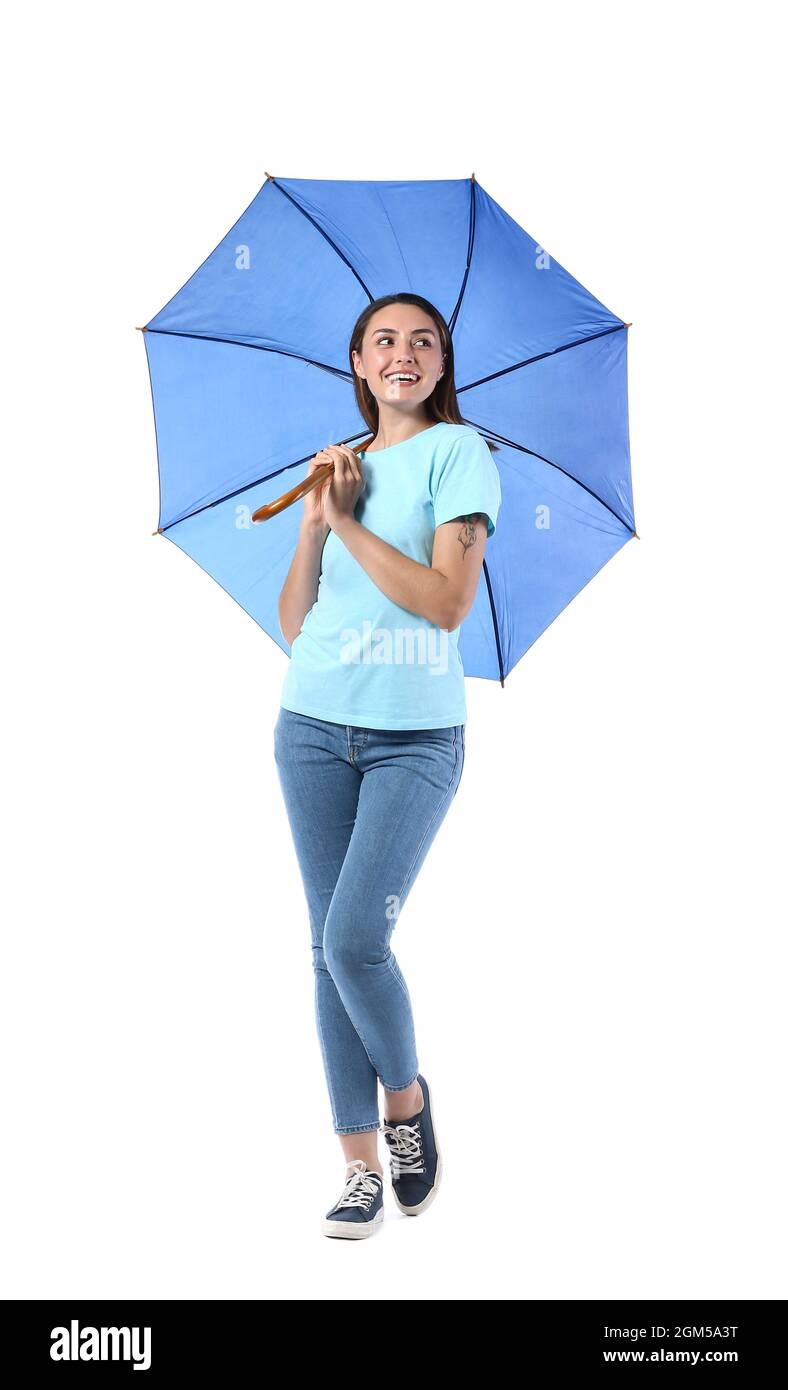 Beautiful young woman with umbrella on white background Stock Photo - Alamy