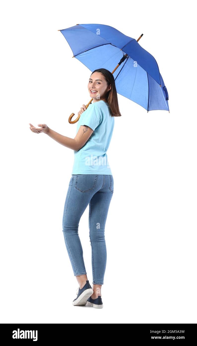 Beautiful young woman with umbrella on white background Stock Photo - Alamy