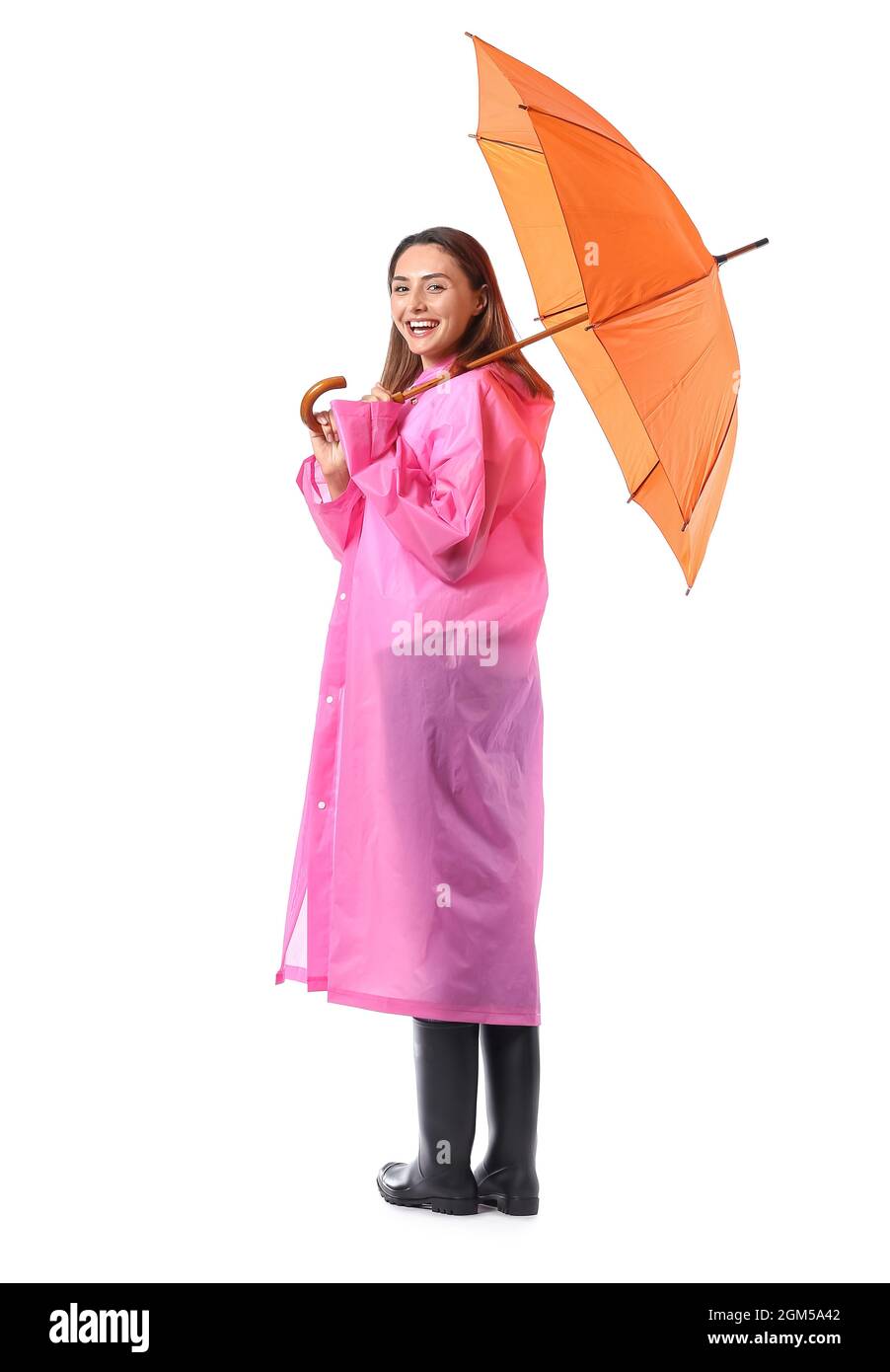Beautiful young woman with umbrella on white background Stock Photo - Alamy