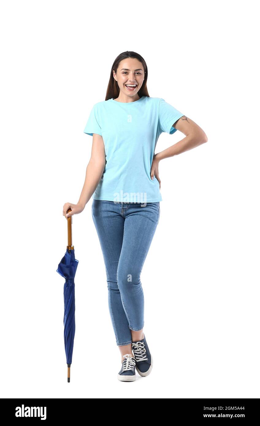 Beautiful young woman with umbrella on white background Stock Photo - Alamy