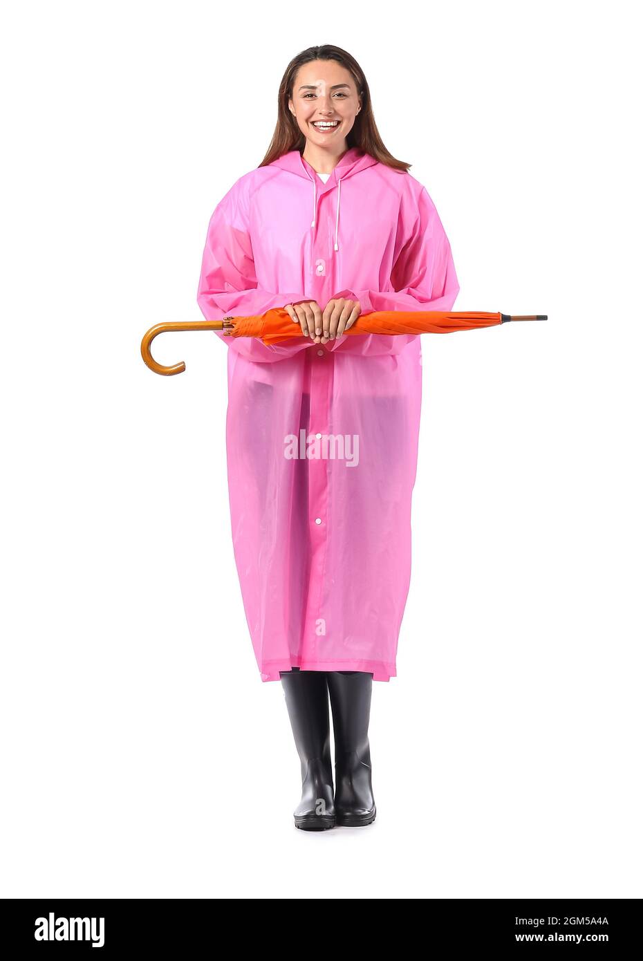 Beautiful young woman with umbrella on white background Stock Photo - Alamy