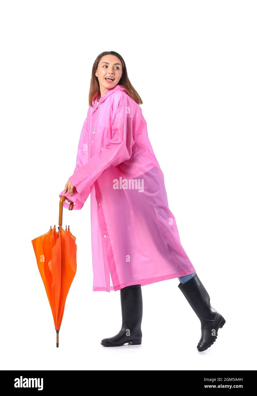Beautiful young woman with umbrella on white background Stock Photo - Alamy