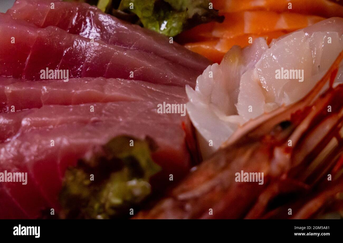 macro close up various types of slices of raw fish Stock Photo