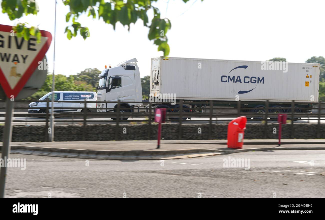 CMA CGM shipping container HGV travels on the M27 near Southampton UK Stock Photo