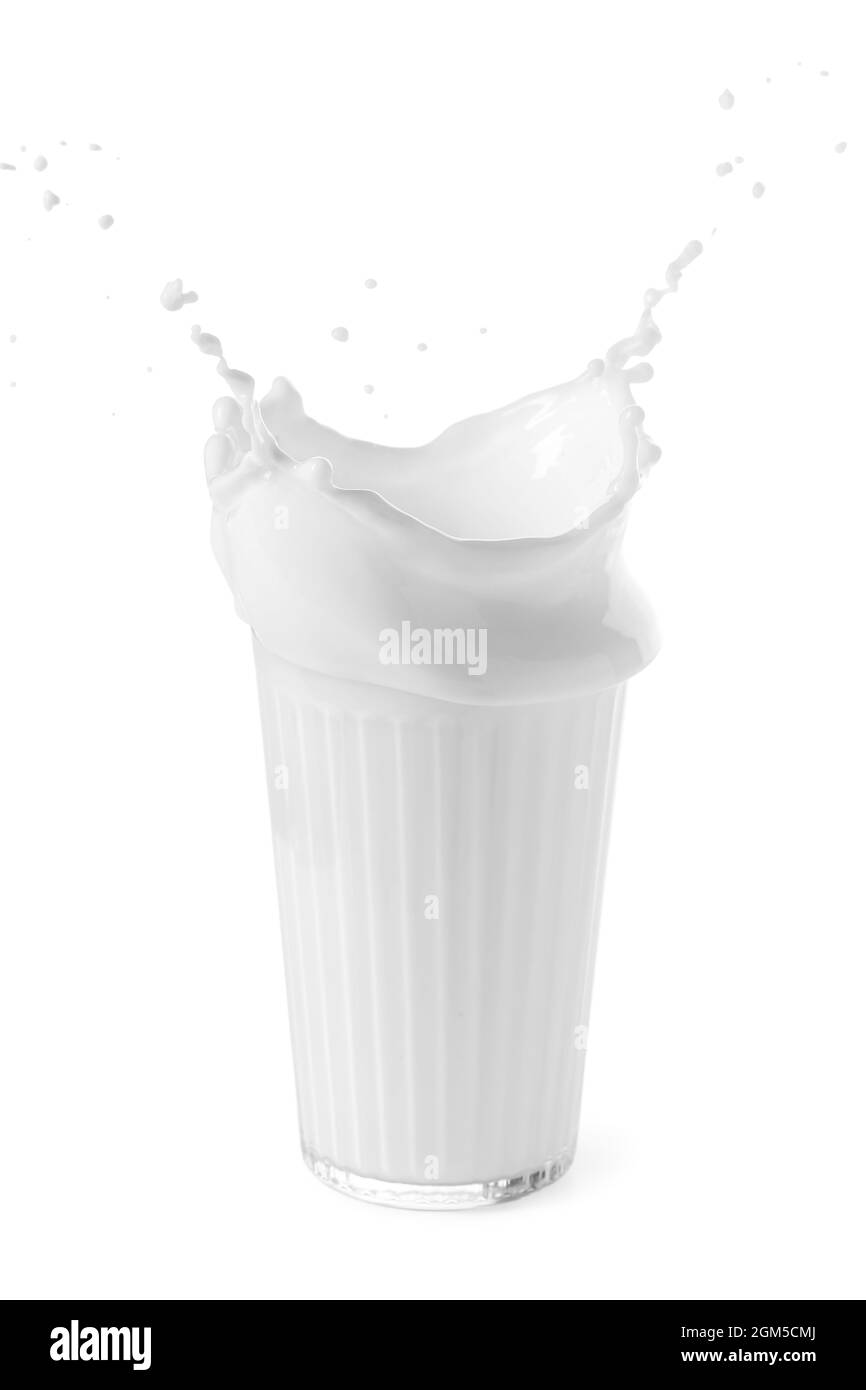 Glass of cold milk splashing on white background Stock Photo - Alamy, image size:866x1390