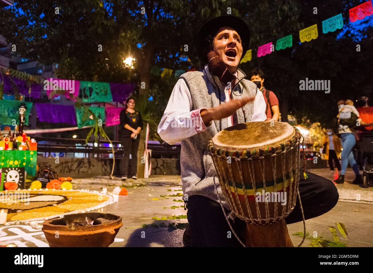 Granada, Andalusia, Spain : A Mexican man plays drums on the Day of the Dead. Stock Photo