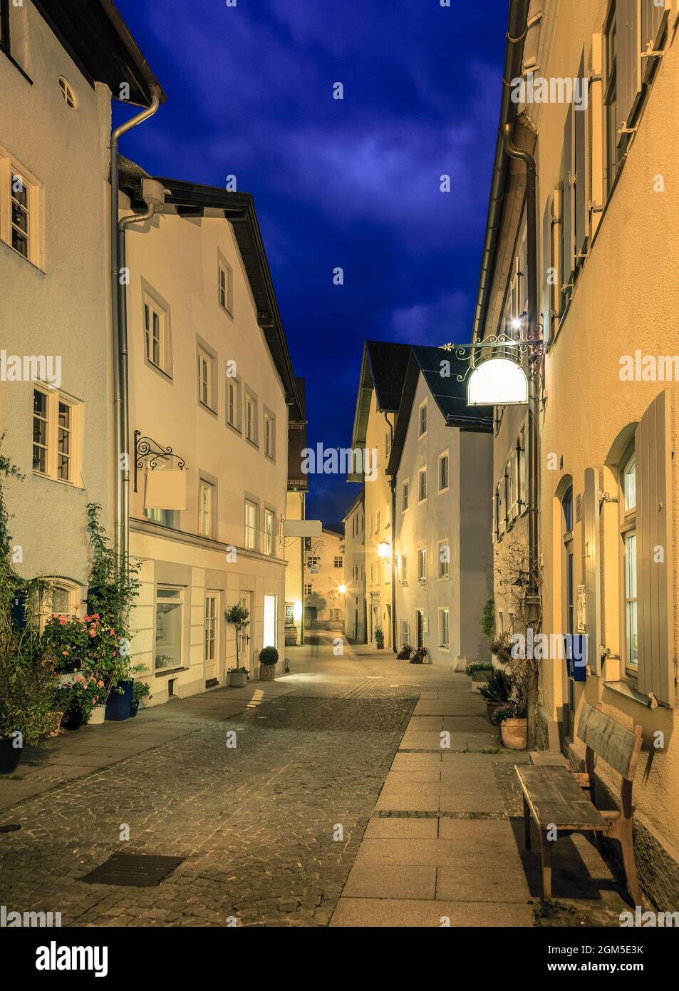 Narrow street in Fussen, Germany at night Stock Photo
