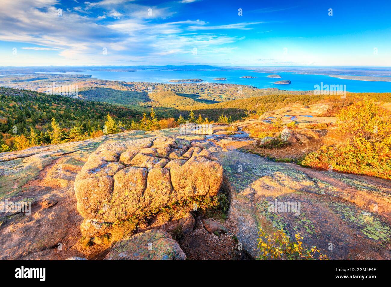 Beautiful view to Bar Harbor and nearby islands from Cadillac Mountain in Acadia National Park Stock Photo