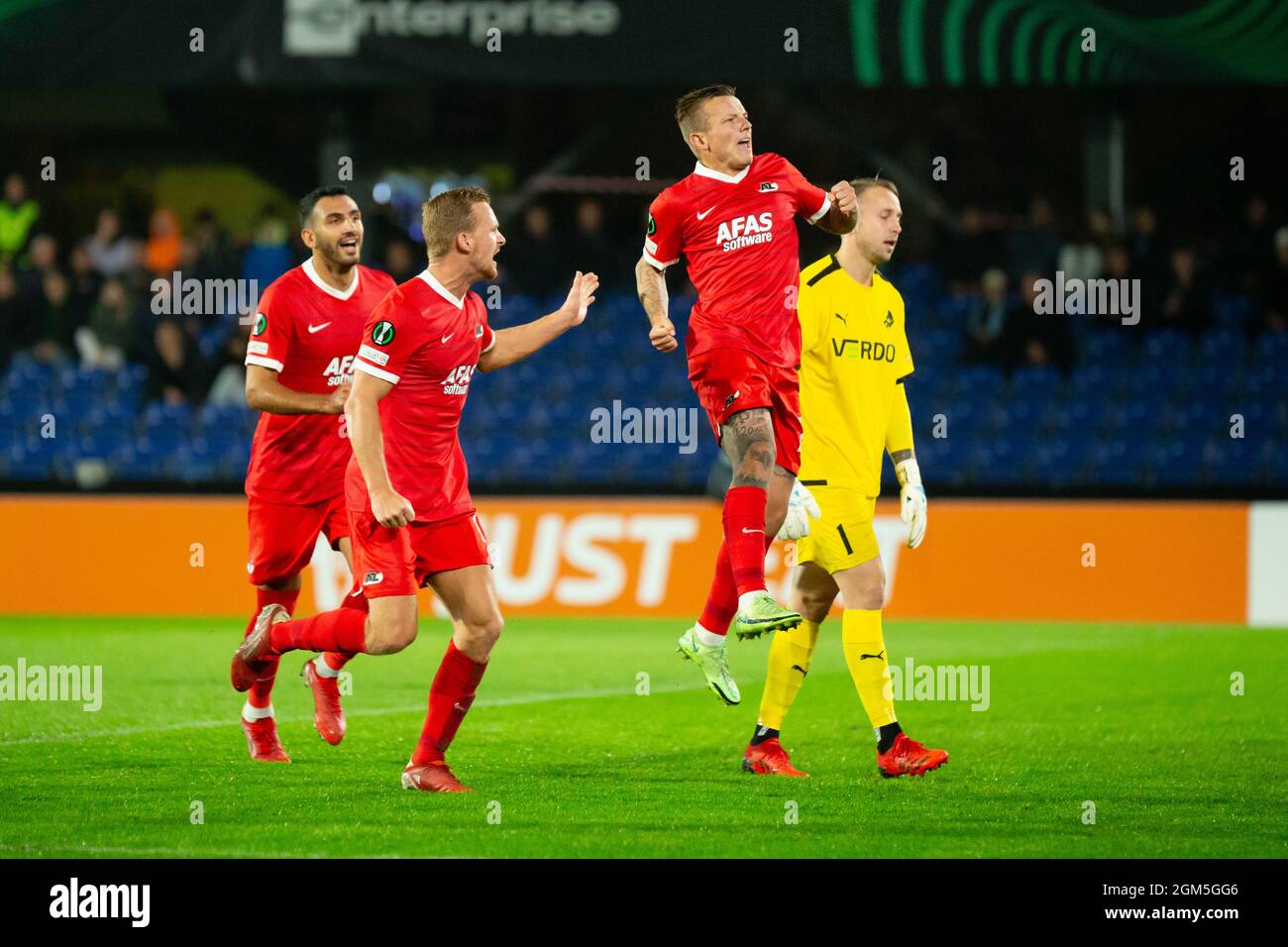 Randers, Denmark. 16th Sep, 2021. Jordy Clasie (20) of AZ Alkmaar scores for 0-1 during the UEFA Europa Conference League match between Randers FC and AZ Alkmaar at Cepheus Park in Randers. (Photo Credit: Gonzales Photo/Alamy Live News Stock Photo