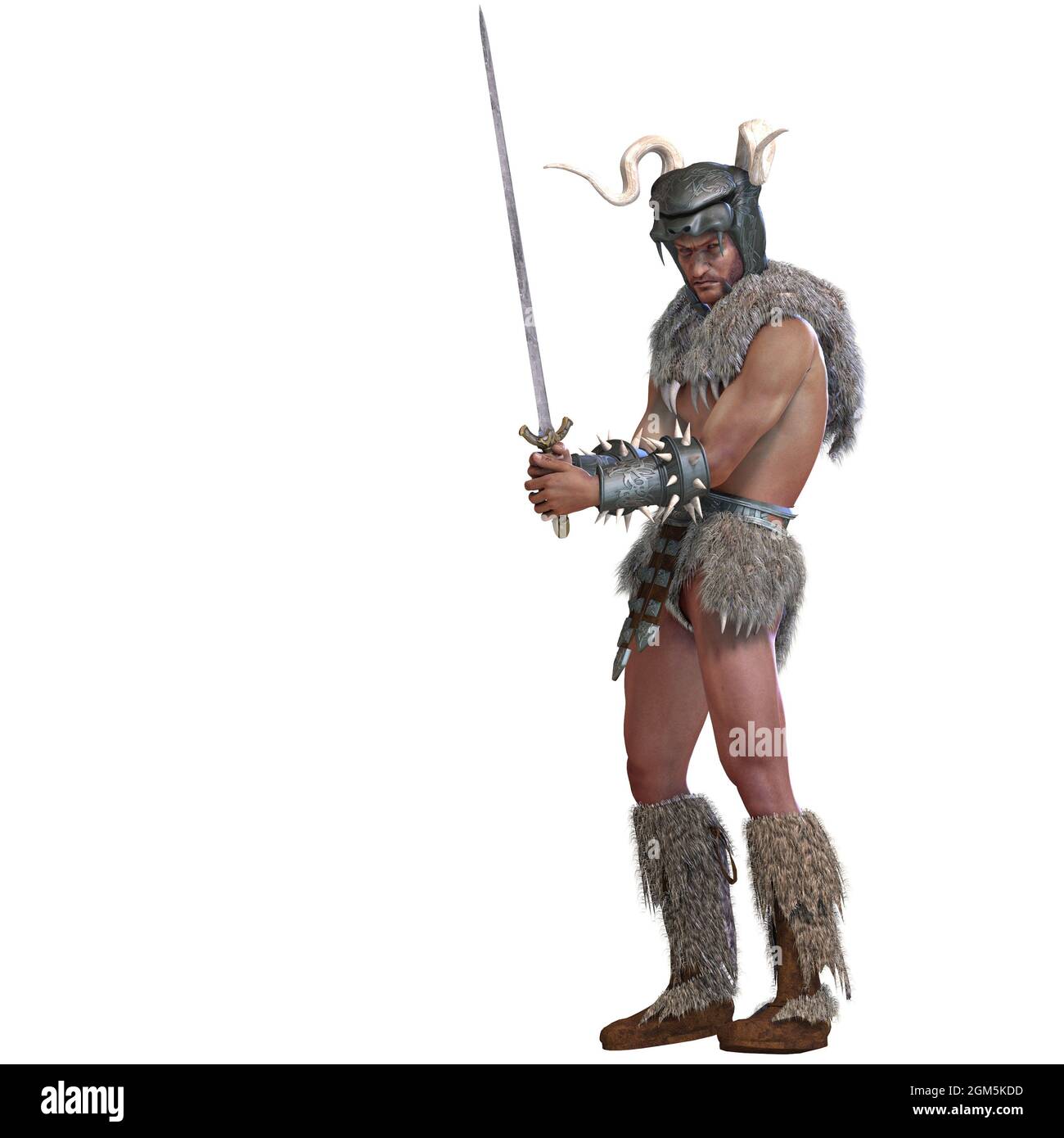3d-illustration of an isolated barbarian warrior with fur loincloth