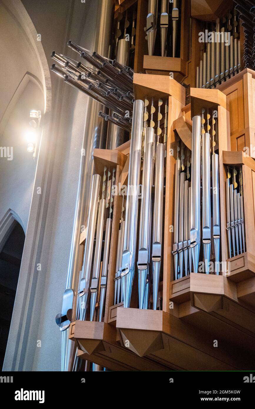 Large organs inside of a church music catholic religion Stock Photo