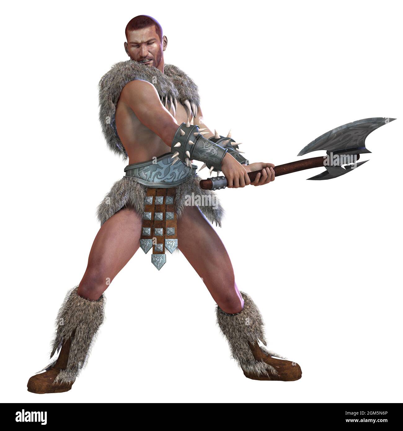 3d-illustration of an isolated barbarian warrior with fur loincloth