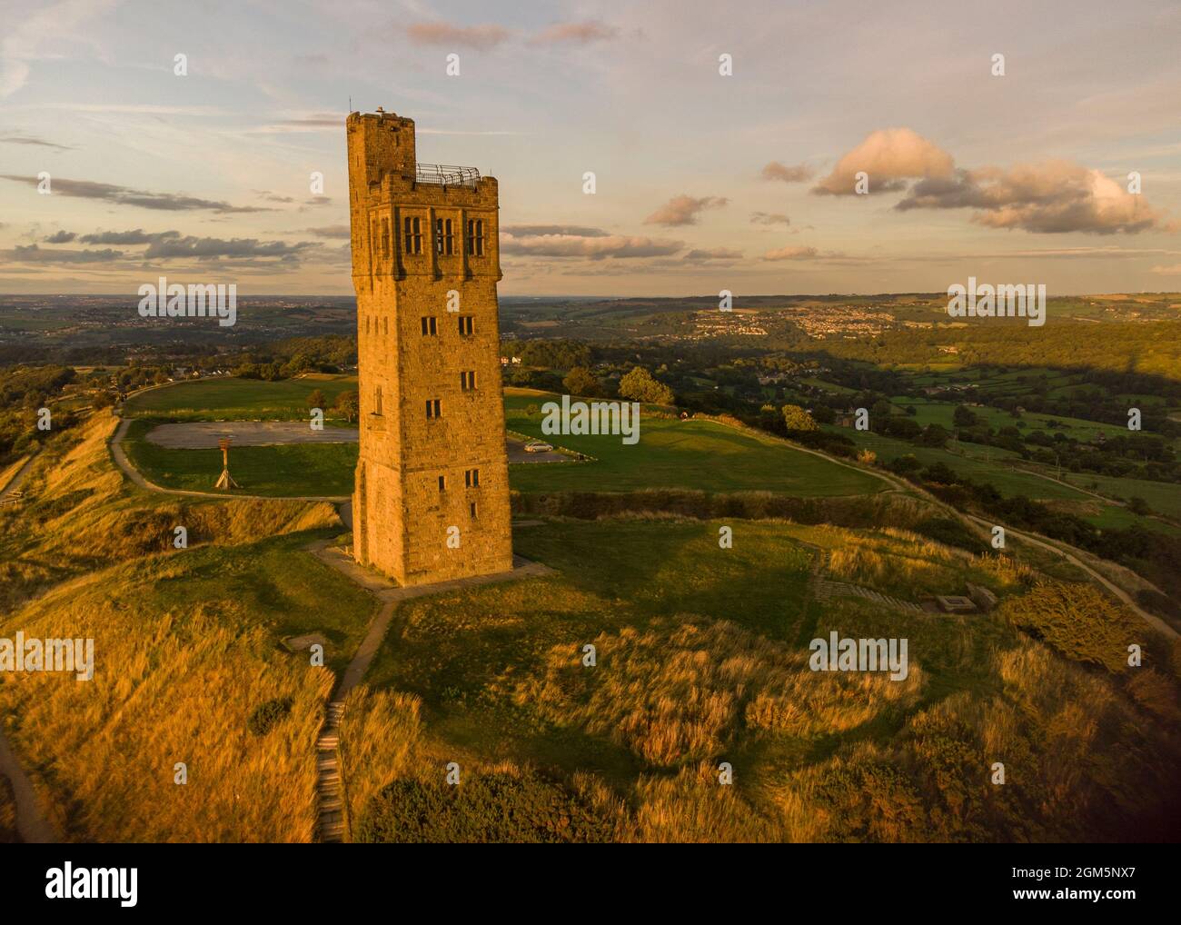 Victoria Tower, Castle Hill, Huddersfield, West Yorkshire at sunset. Stock Photo