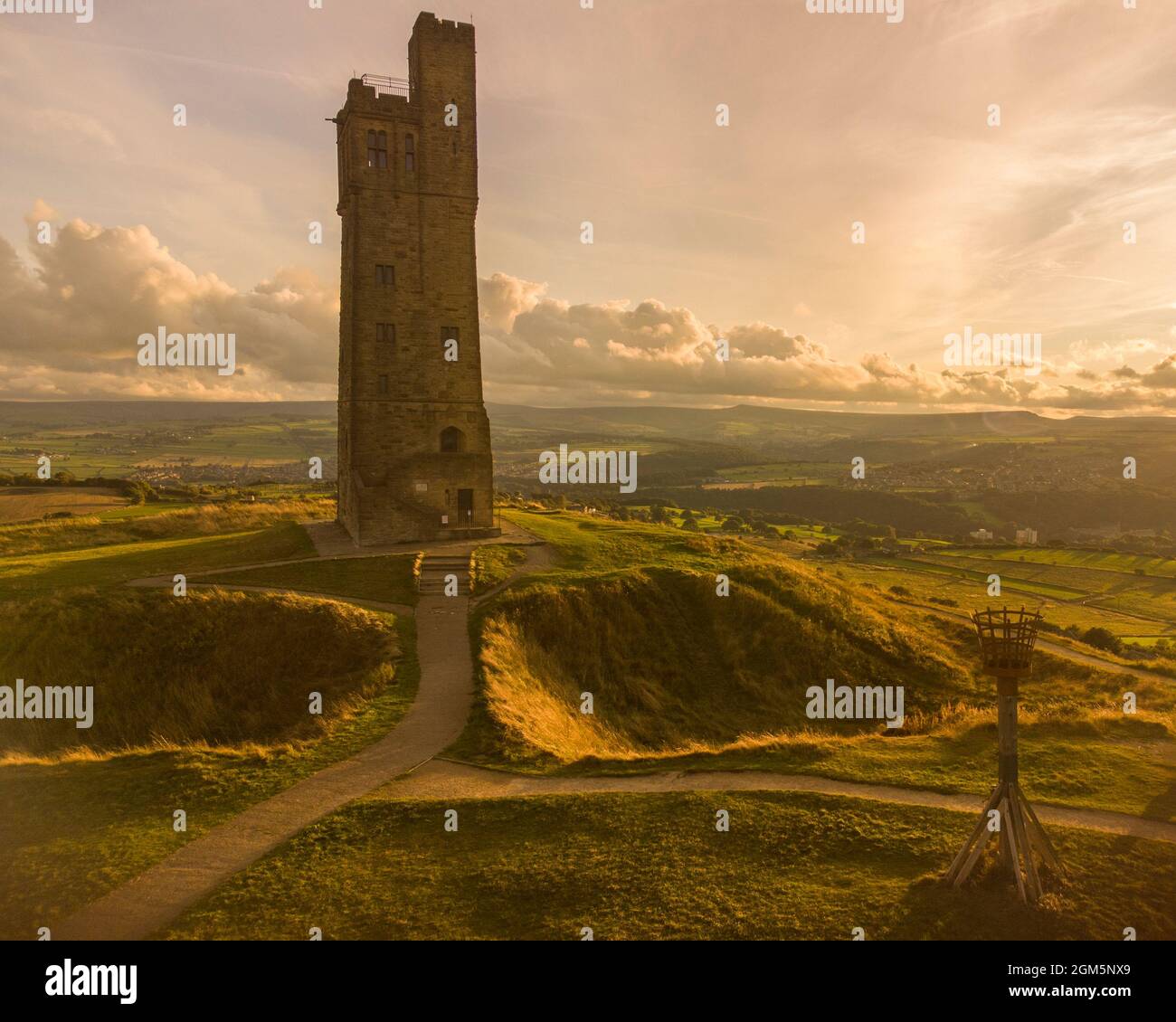 Victoria Tower, Castle Hill, Huddersfield, West Yorkshire at sunset. Stock Photo