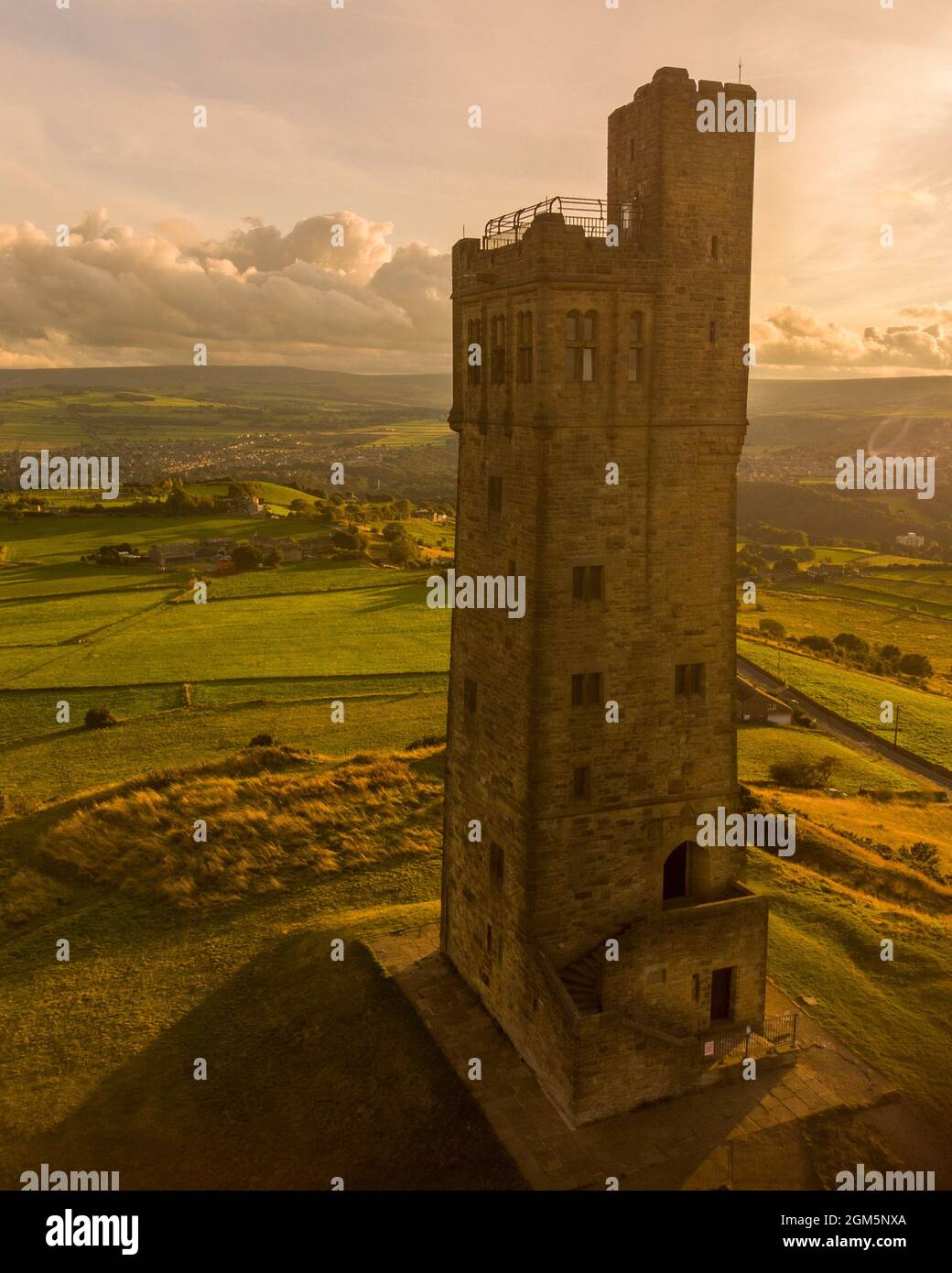 Victoria Tower, Castle Hill, Huddersfield, West Yorkshire at sunset. Stock Photo