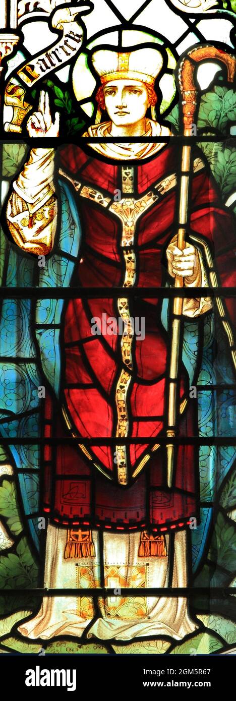 St Patrick, fifth-century, Romano-British, Christian missionary, bishop in Ireland, stained glass, by J Powell & Son, 1900, Blakeney, Notfolk Stock Photo