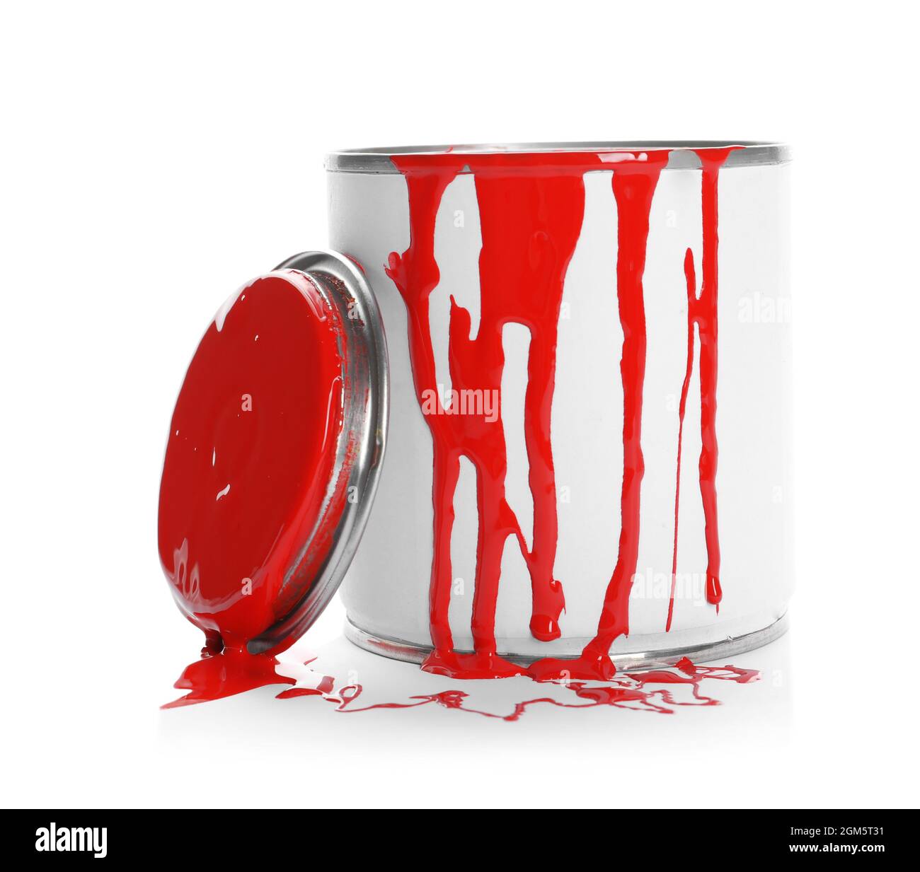 Can of red paint on white background Stock Photo Alamy