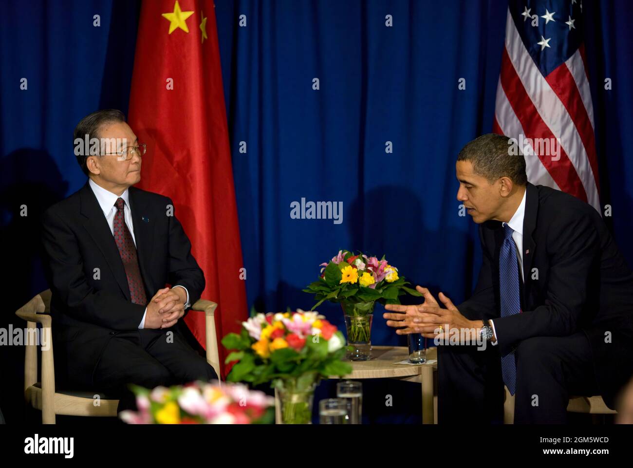 President Barack Obama meets with Chinese Premier Wen Jiabao during a bilateral at the United Nations Climate Change Conference in Copenhagen, Denmark, Dec. 18, 2009. (Official White House Photo by Pete Souza) This official White House photograph is being made available only for publication by news organizations and/or for personal use printing by the subject(s) of the photograph. The photograph may not be manipulated in any way and may not be used in commercial or political materials, advertisements, emails, products, promotions that in any way suggests approval or endorsement of the Presiden Stock Photo