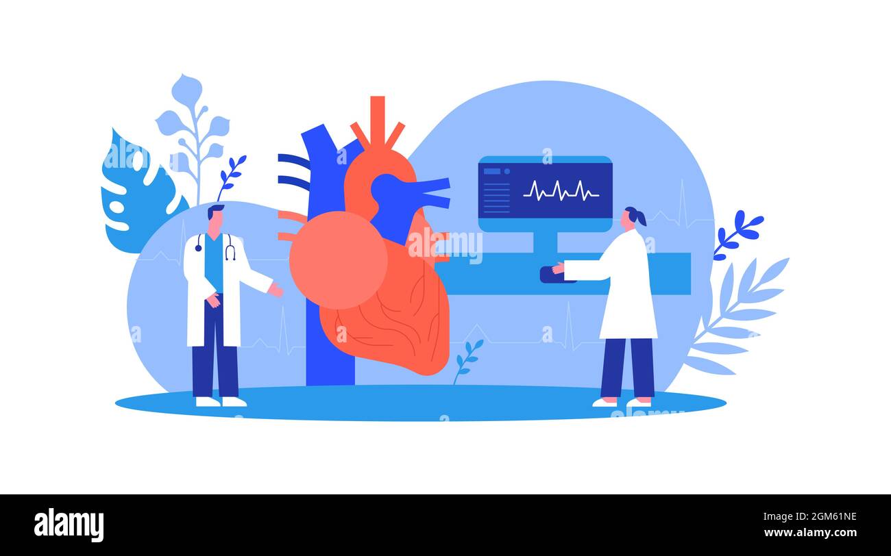 Doctor people team doing medical study or science research on human heart. Cardiology specialist concept. Isolated cardiac health illustration in mode Stock Vector