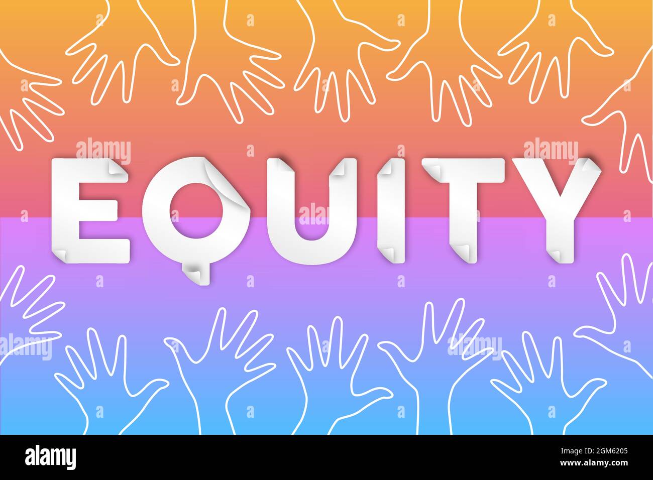 Equity text quote typography sign with people hands raised up together. Diverse cartoon team illustration for business or community equality. Stock Vector