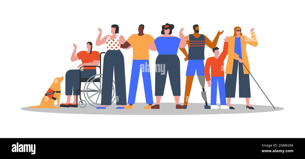 Group of diverse people in modern flat cartoon style with disabled characters. Handicap or special ability social inclusion concept on isolated backgr Stock Vector