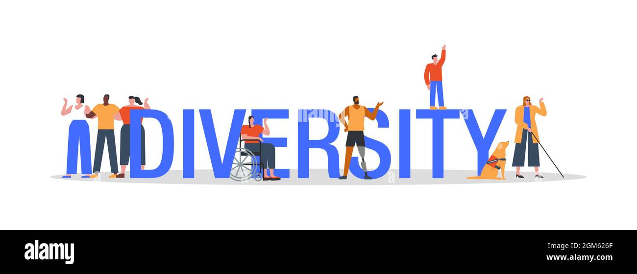 Diversity quote illustration concept on isolated background with diverse characters and disabled people community. Stock Vector