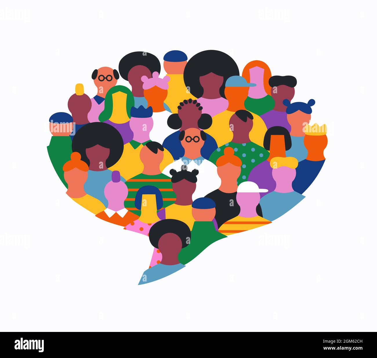 Big group of people faces together making speech balloon shape. Diverse friend team conversation concept, community chat or social topic cartoon on is Stock Vector