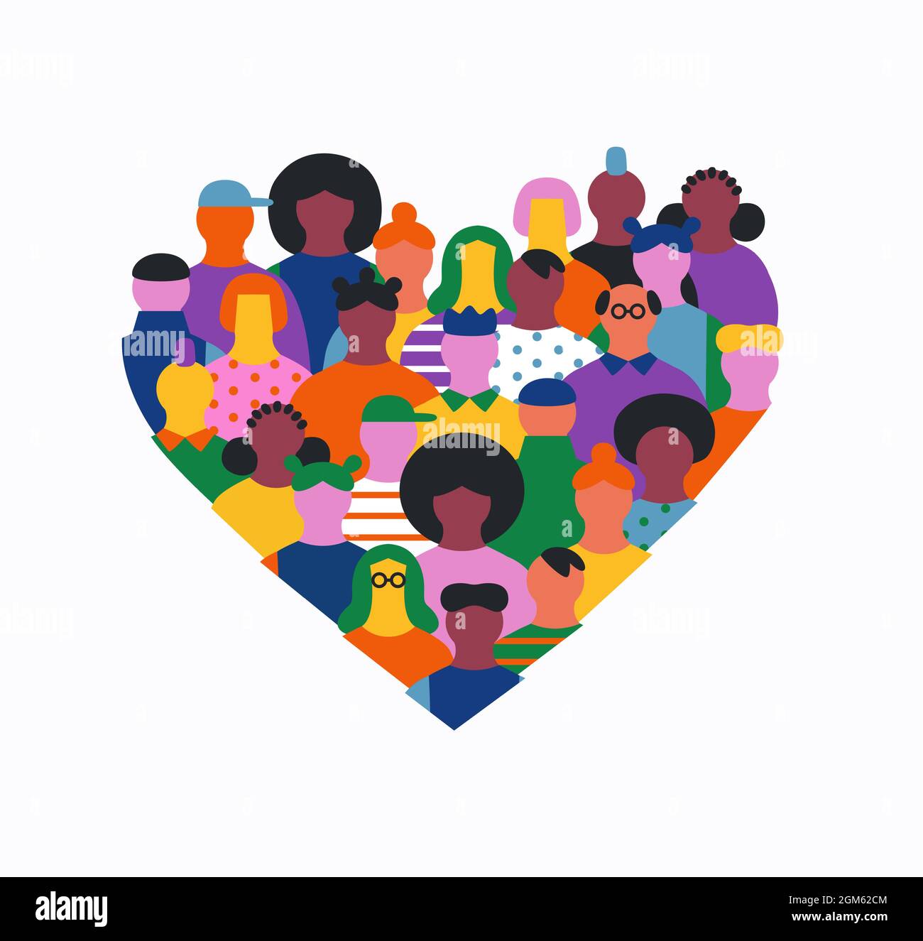 Big group of people faces together making love heart shape. Diverse