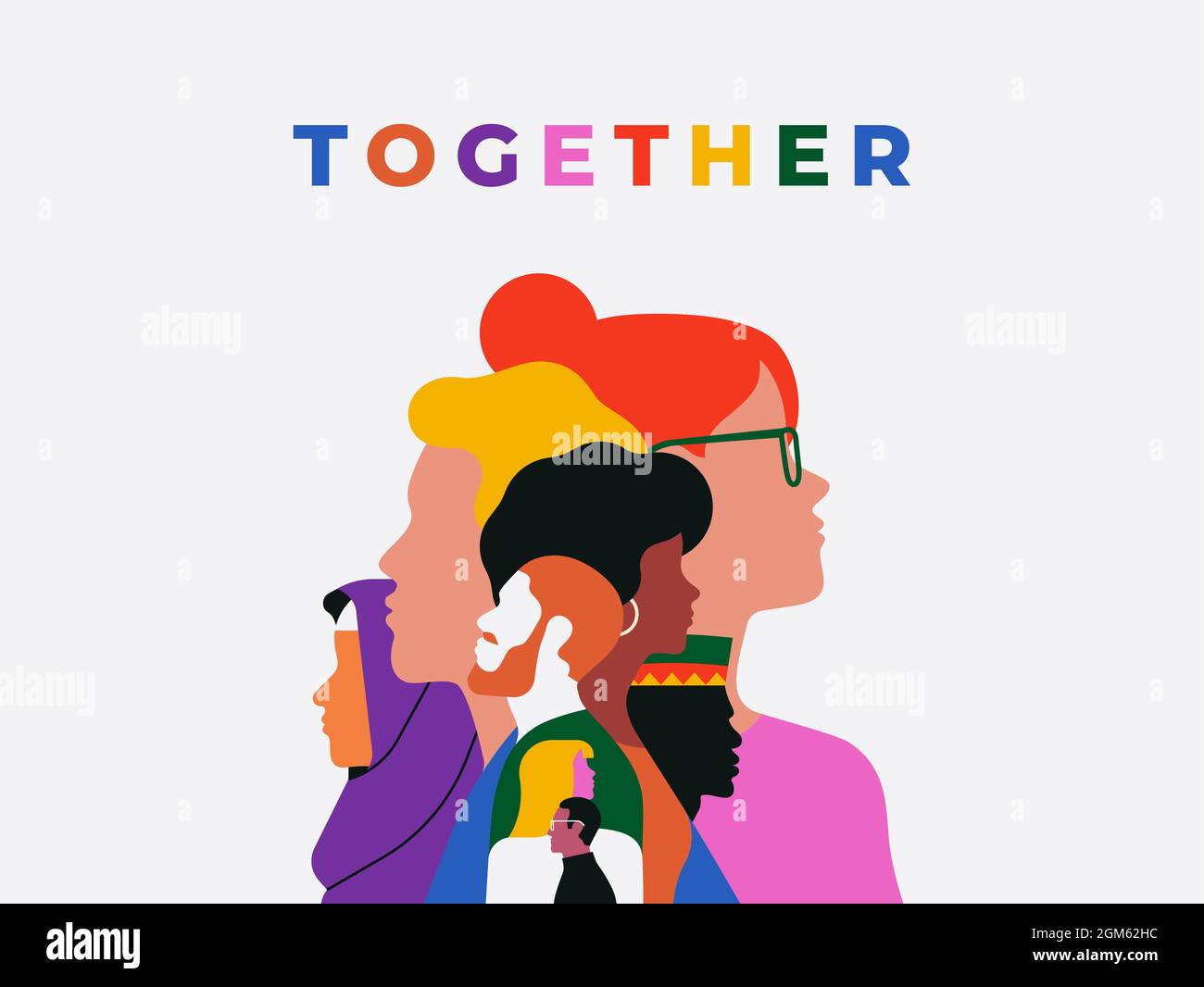 Together colorful quote illustration with diverse people faces. Ethnic character team flat cartoon design for unity or community help concept. Stock Vector