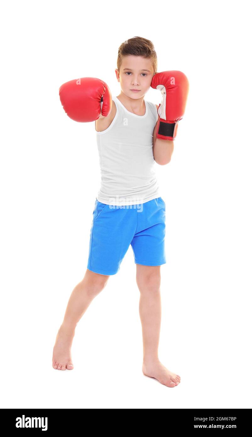 Cute little boy in boxing gloves on white background Stock Photo Alamy