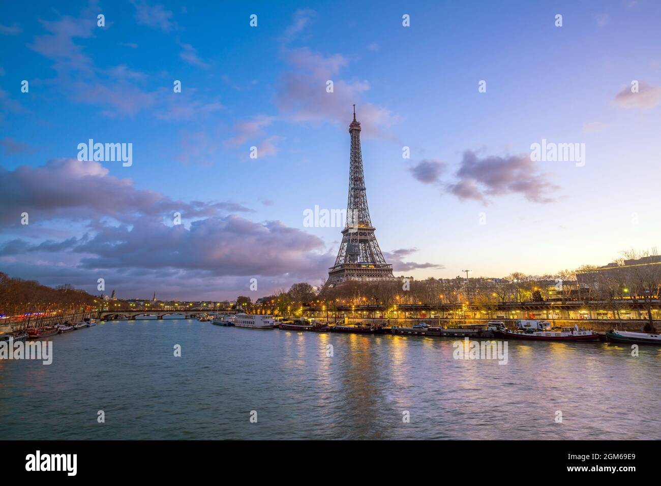The Eiffel Tower and river Seine at twilight in Paris,
