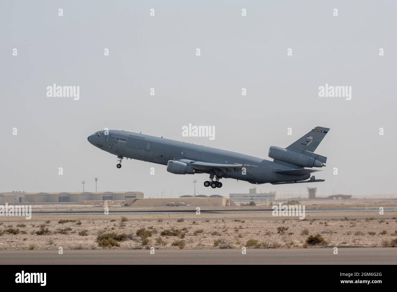 A U.S Air Force KC-10 Extender, assigned to the 908th Expeditionary Refueling Squadron, takes off from Al Dhafra Air Base, United Arab Emirates in support of the non-combatant evacuation, Aug 30 2021. The Department of Defense is committed to supporting the evacuation of American citizens, special immigrant visa applicants and other at-risk individuals from Afghanistan. (U.S. Air Force photo by Master Sgt. Wolfram M. Stumpf) Stock Photo
