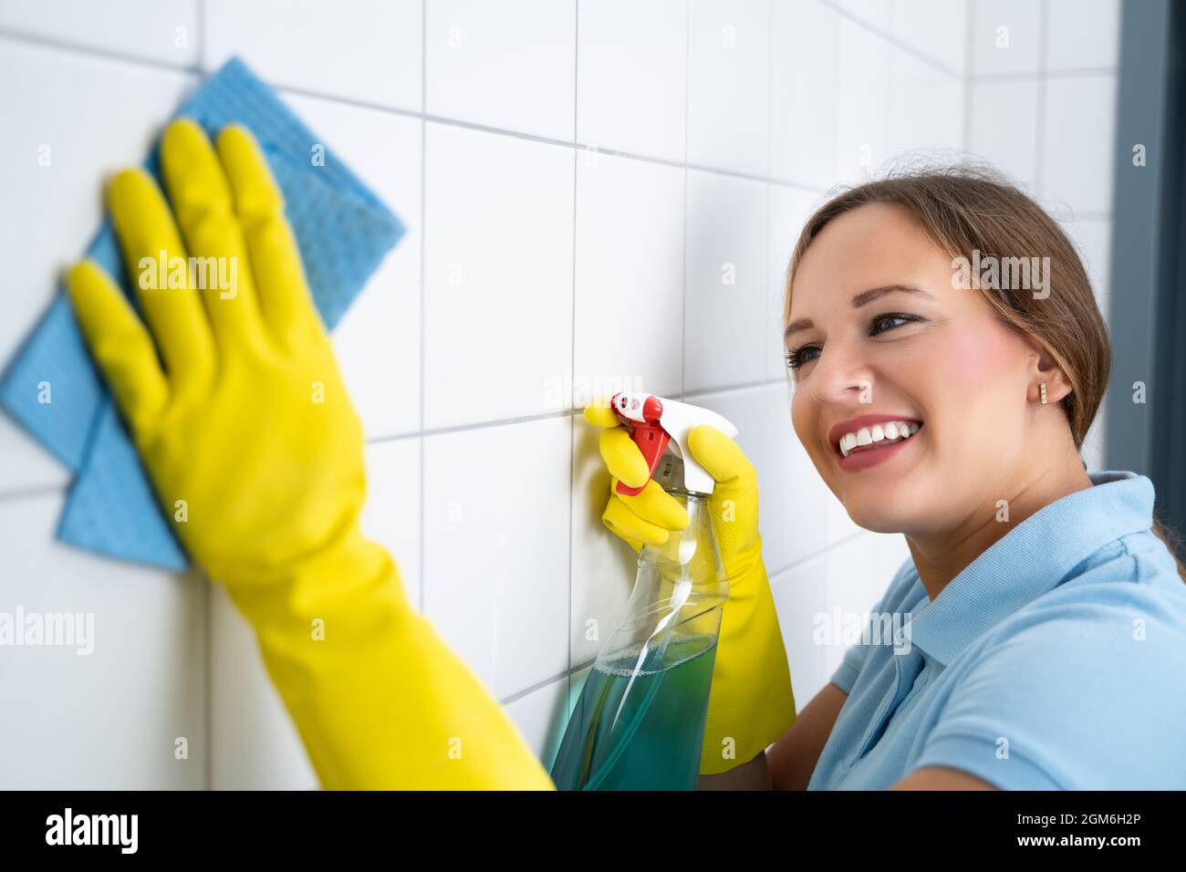 Grout Tile Cleaning. Cleaning Wall With Wipe Stock Photo