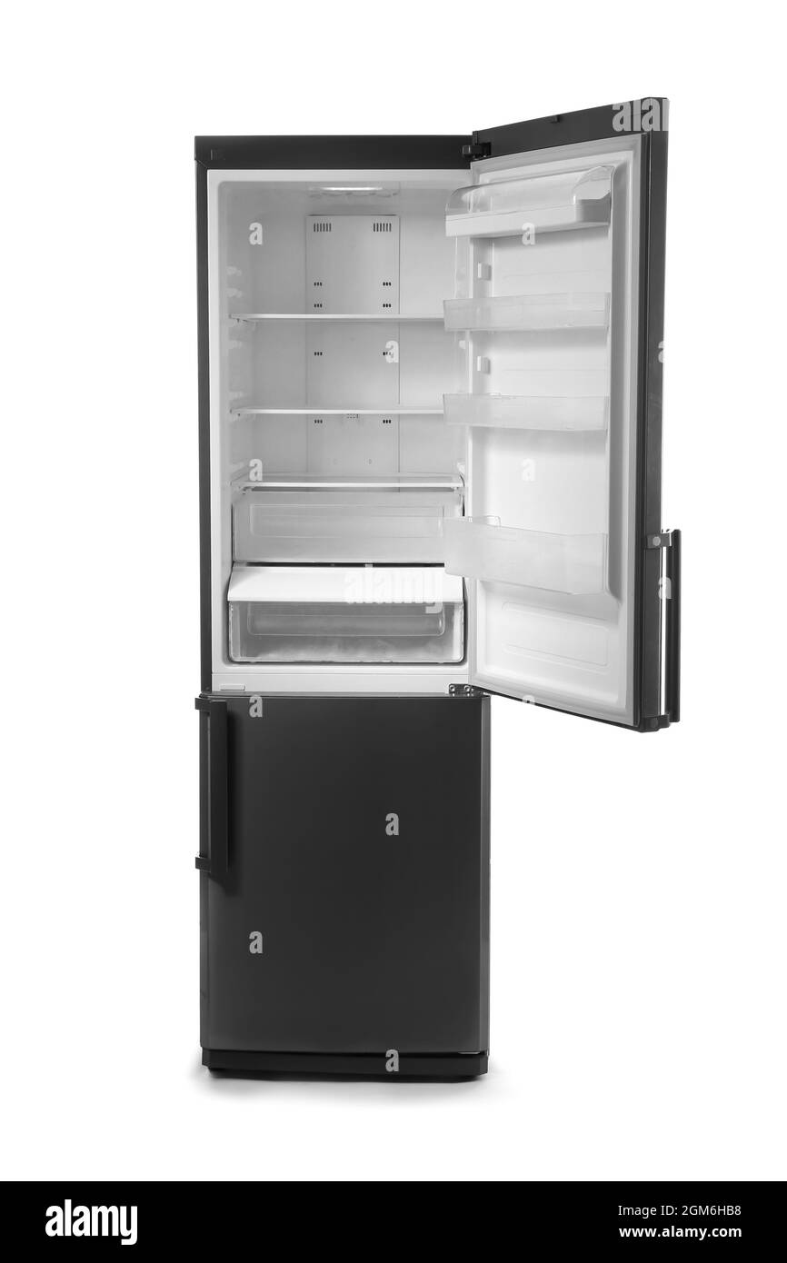Open empty refrigerator on white background Stock Photo Alamy