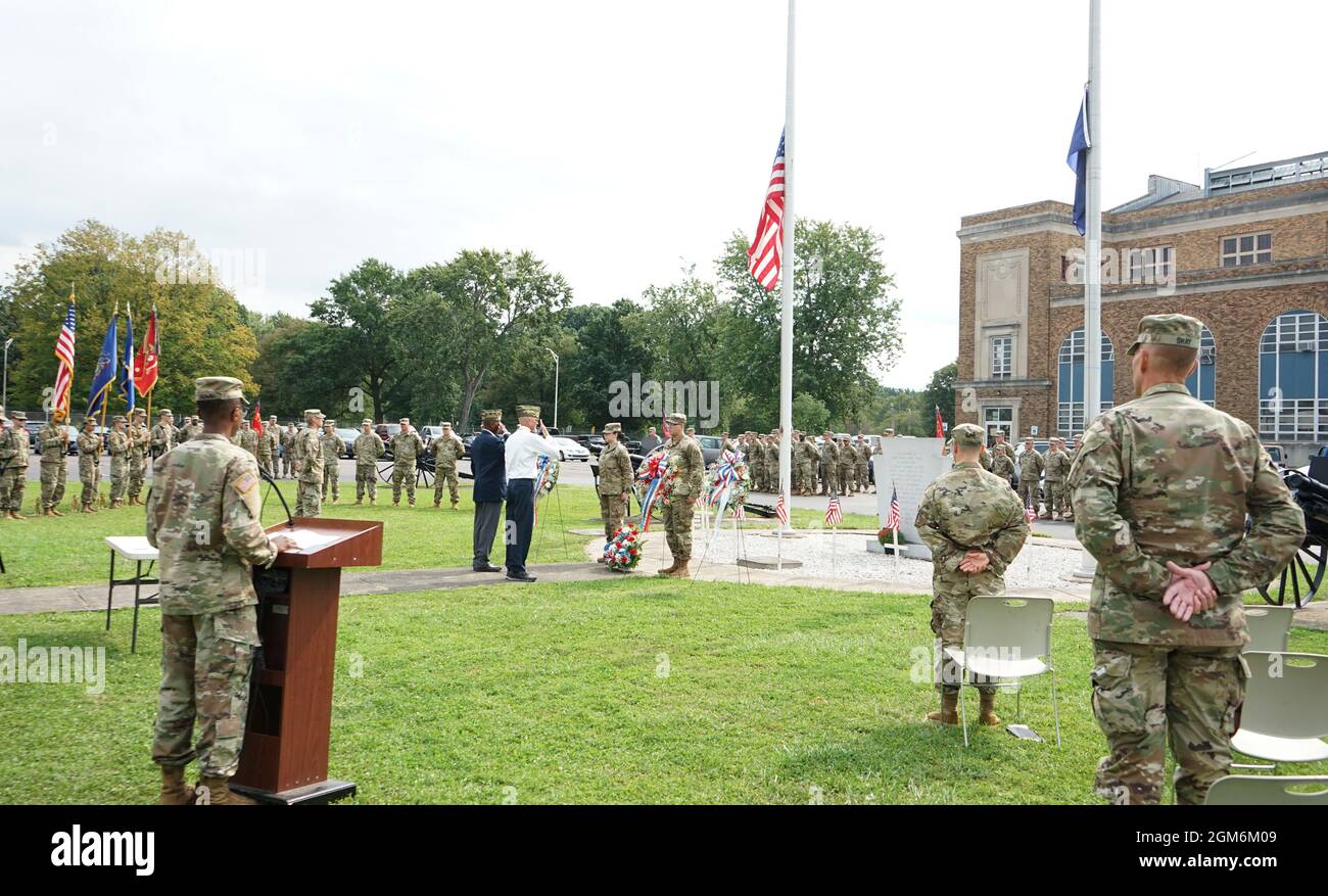 A wreath is presented in honor of the Soldiers from 1st Battalion, 109th Field Artillery, who paid the ultimate sacrifice during the battalion's Memorial Ceremony on Sept. 12, 2021, at the Kingston Armory in Kingston, Pa. The ceremony recognizes all of the Soldiers lost during the regiment's history, but pays special tribute to the 33 Soldiers lost during a train crash on September 11, 1950 (U.S. Army photo by Sgt. 1st Class Matthew Keeler). Stock Photo