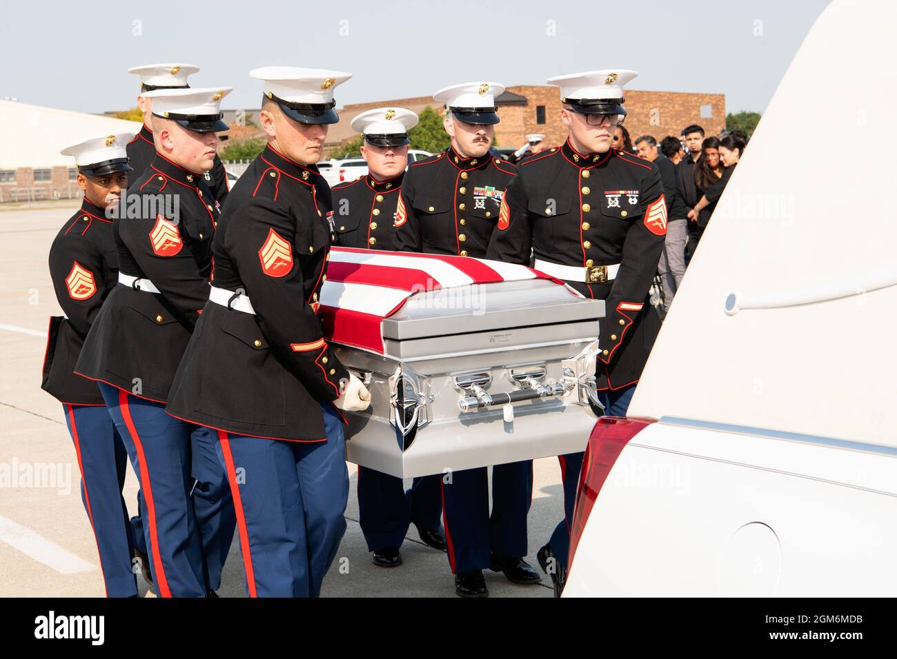 Marines from Detachment 1, Communications Company, Combat Logistics Regiment 45, 4th Marine Logistics Group, transfer the remains of U.S. Marine Corps Cpl. Humberto A. Sanchez of Logansport, Indiana, Sept. 12, 2021 at Grissom Air Reserve Base, Indiana. Sanchez was one of 13 U.S. service members killed Aug. 26, 2021, as the result of an enemy attack while supporting evacuation efforts for Operation Freedom’s Sentinel in Kabul, Afghanistan. (U.S. Air Force photo by Master Sgt. Benjamin Mota) Stock Photo