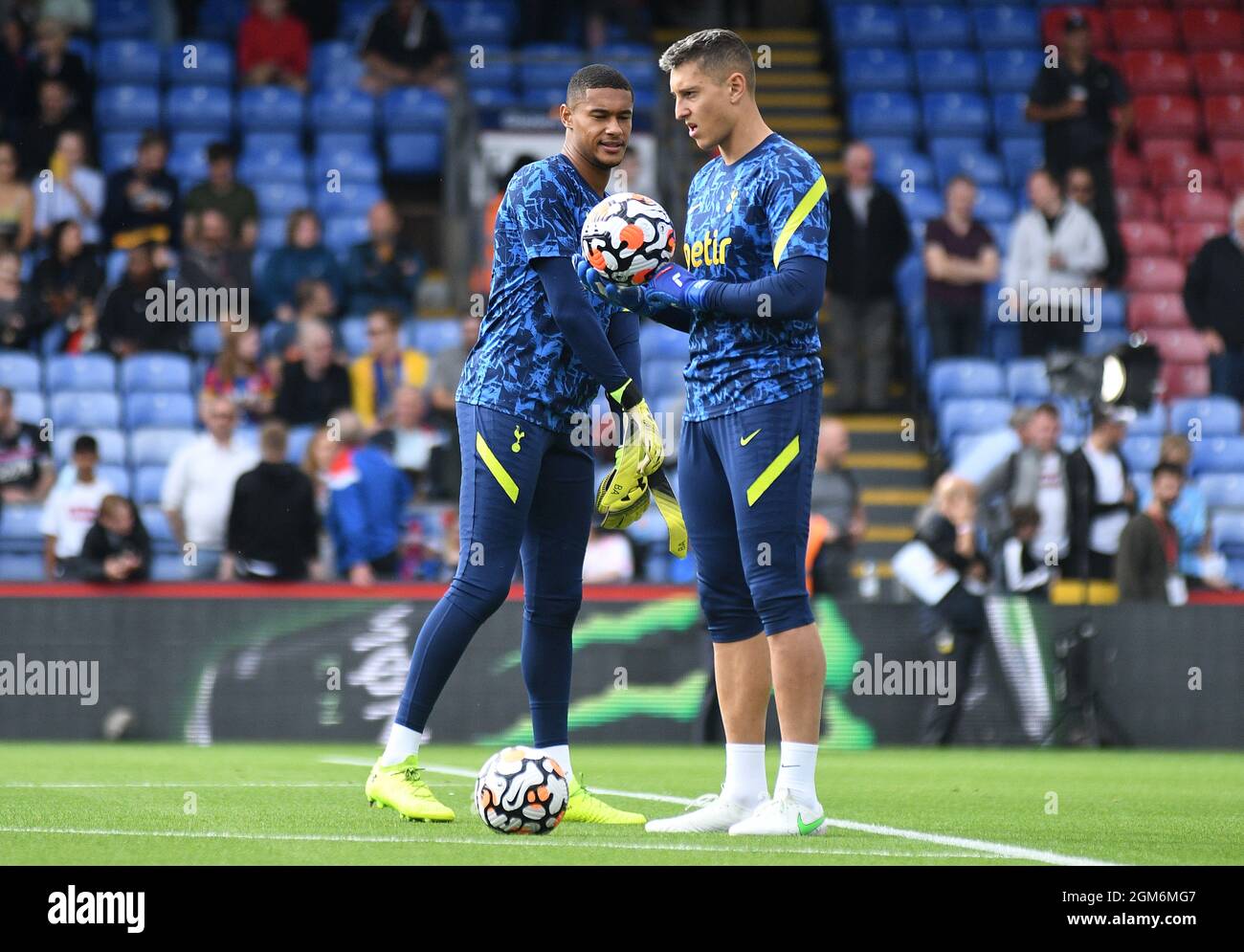 LONDON, ENGLAND - SEPTEMBER 11, 2021: Brandon Austin and Pierluigi Gollini of Tottenham pictured ahead of the 2021/22 Premier League matchweek 4 game between Crystal Palace FC and Tottenham Hotspur FC at Selhurst Park. Copyright: Cosmin Iftode/Picstaff Stock Photo