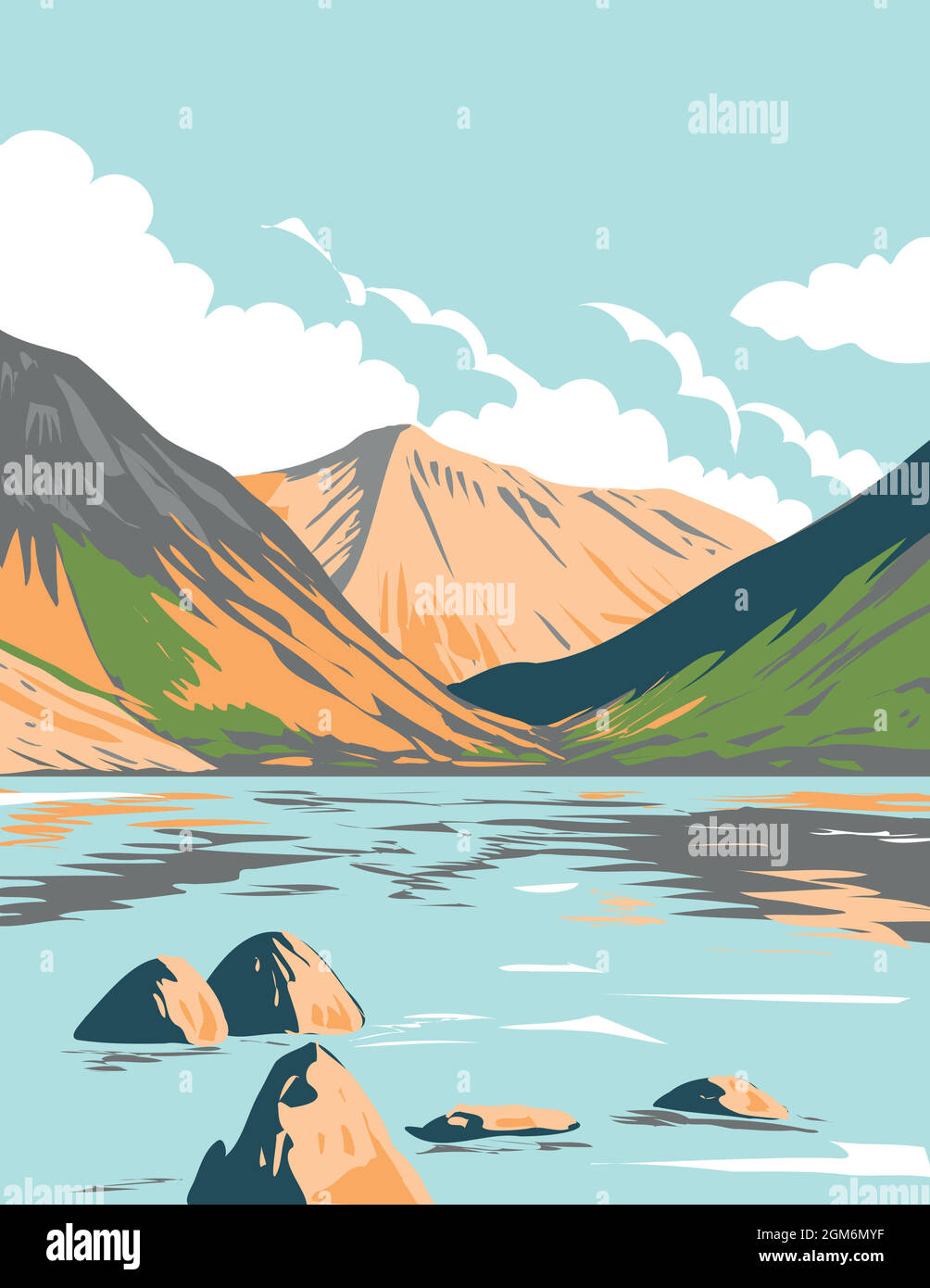 Art Deco or WPA poster of Wasdale Head and Wast Water in the Lake District National Park in Cumbria, England, UK done in works project administration Stock Vector