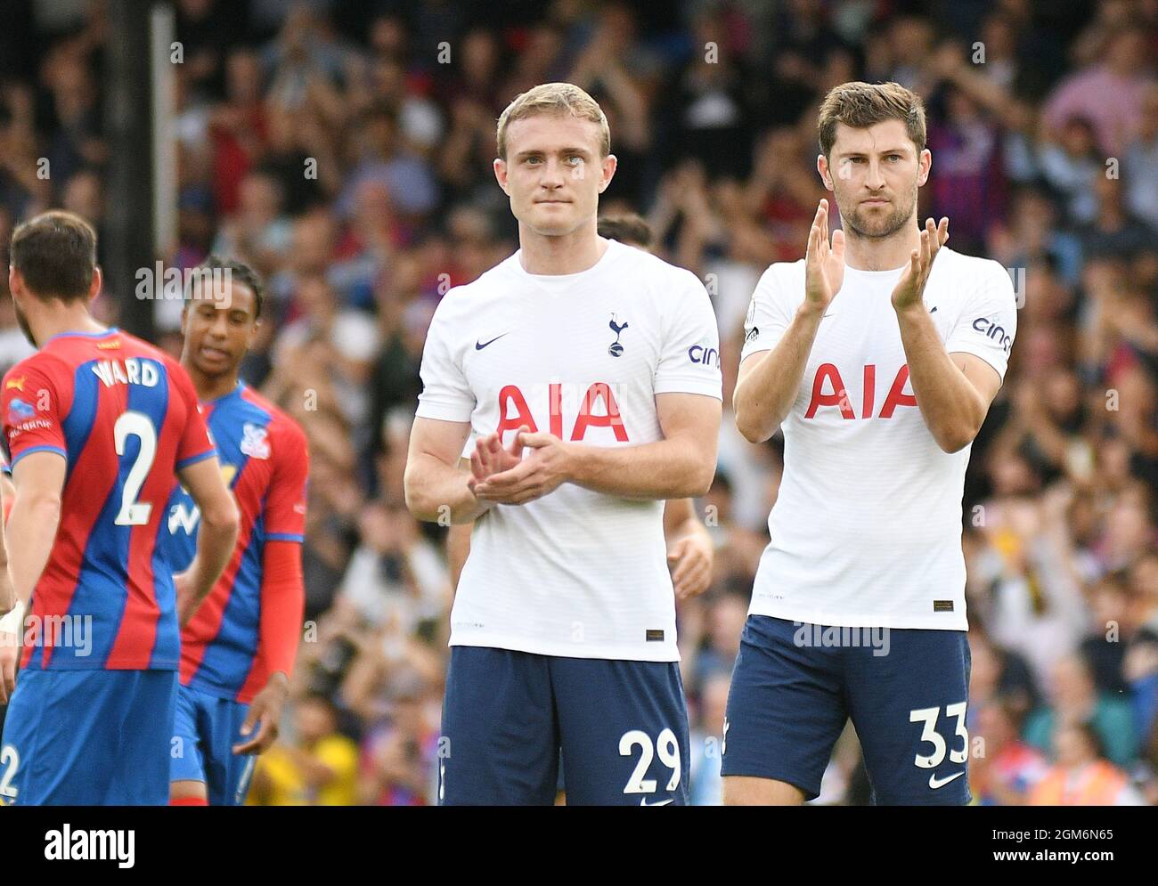 LONDON, ENGLAND - SEPTEMBER 11, 2021: Oliver William Skipp of Tottenham and Benjamin Thomas Davies of Tottenham salute the fans after the 2021/22 Premier League matchweek 4 game between Crystal Palace FC and Tottenham Hotspur FC at Selhurst Park. Copyright: Cosmin Iftode/Picstaff Stock Photo