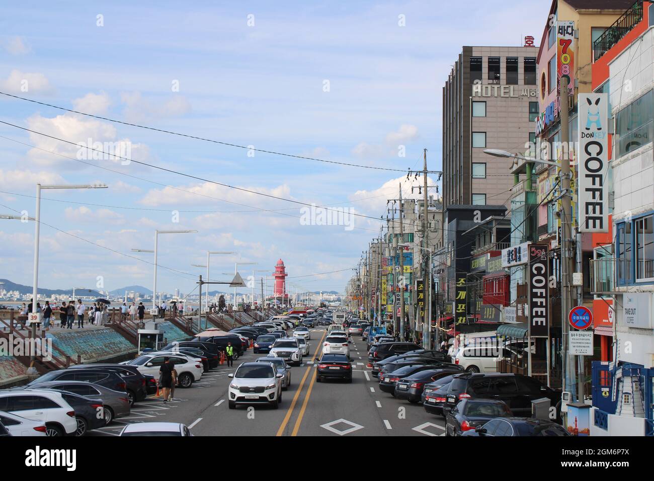 Shops and restaurants along main street of Oido Marine Park, in Oido, Korea Stock Photo