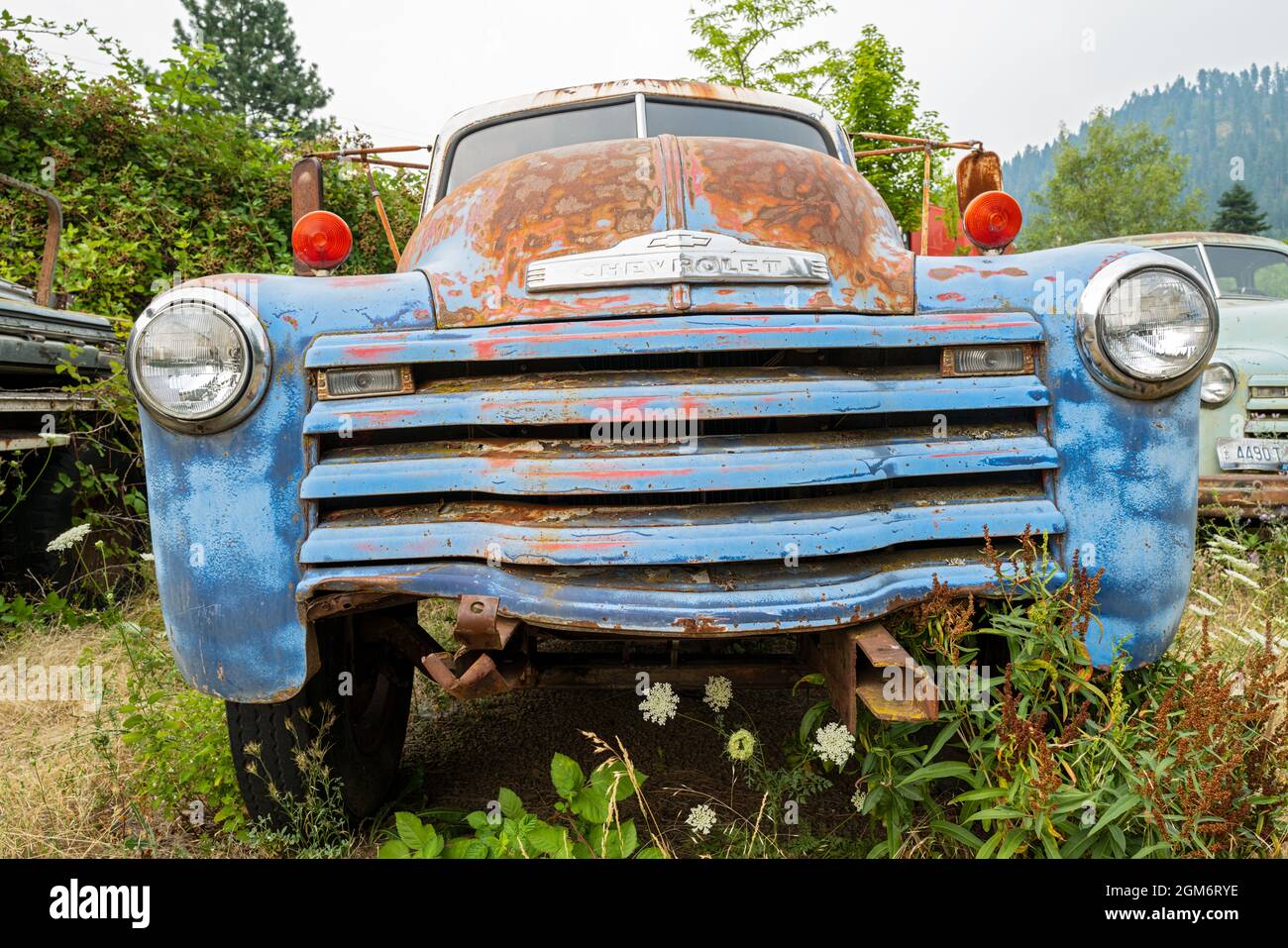 The grille of a blue 1949 Chevy 6400 truck in Idaho, USA Stock Photo