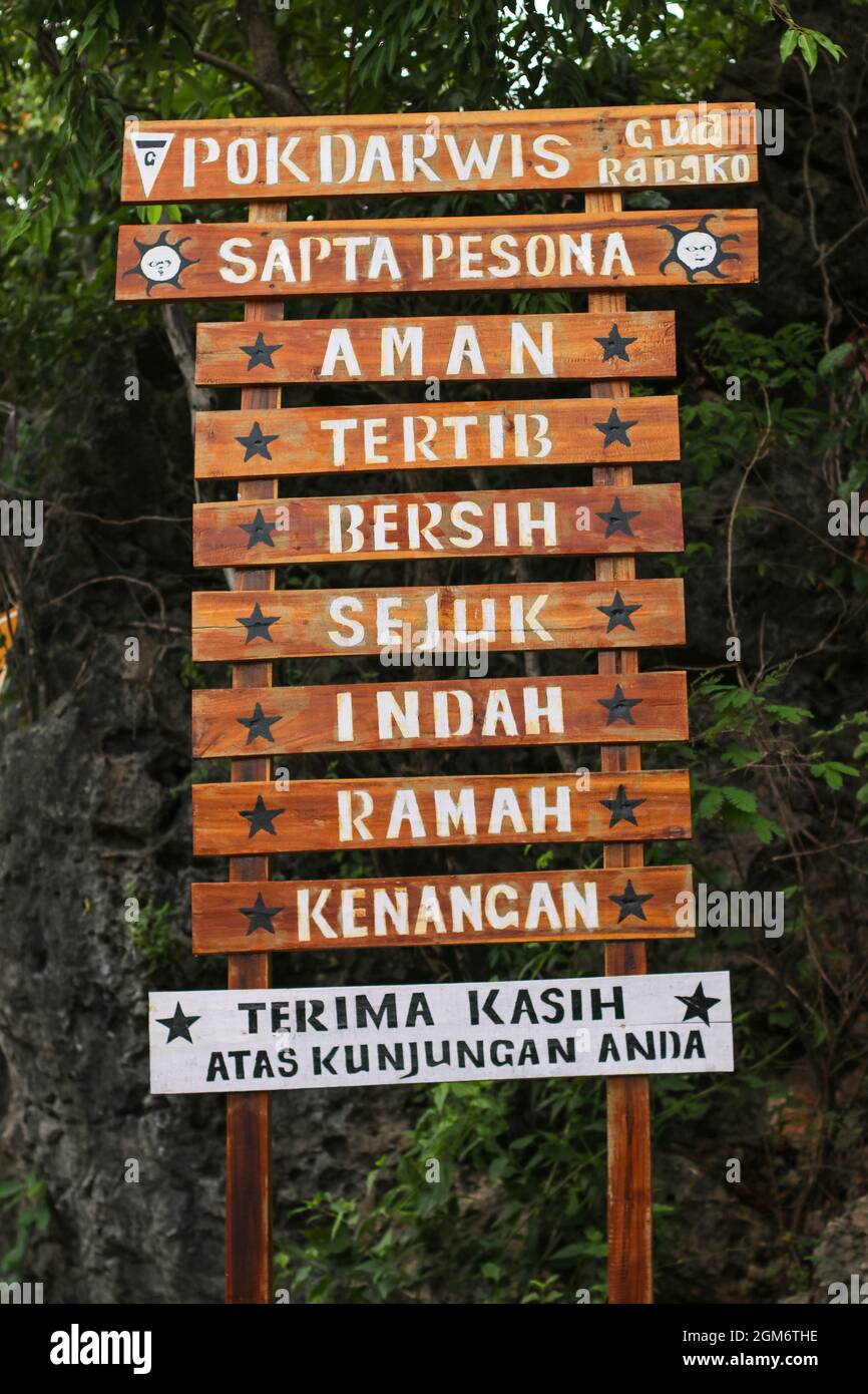 Labuan Bajo Indonesia, 5 April 2021 . A signboard before rangko cave ...