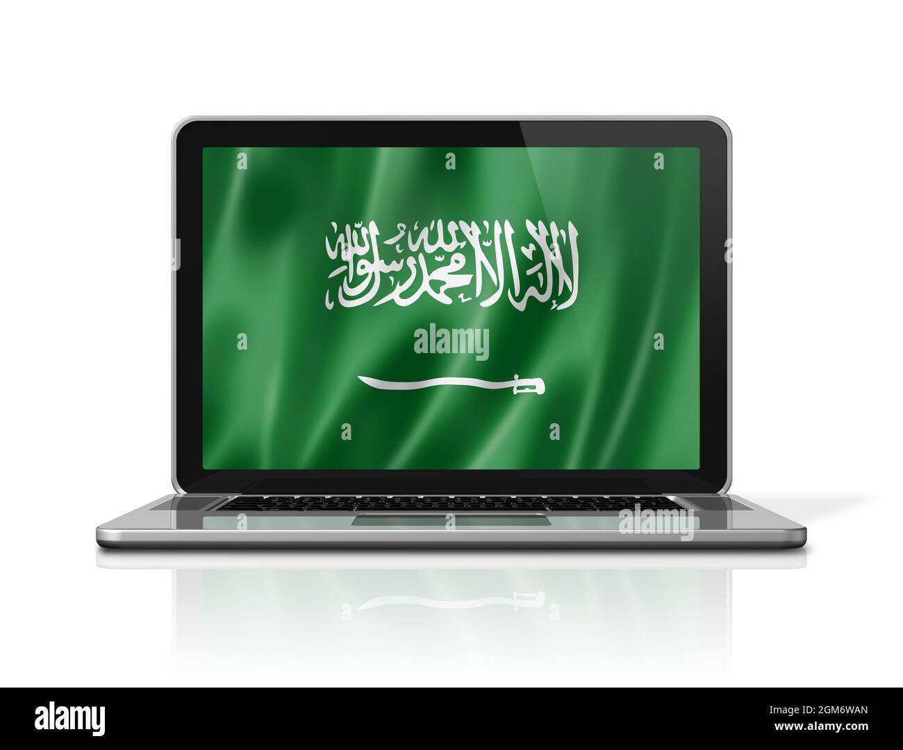 Saudi Arabia flag on laptop screen isolated on white. 3D illustration