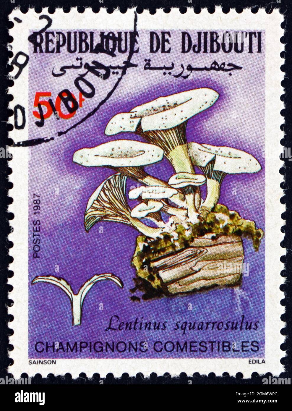 DJIBOUTI - CIRCA 1987: a stamp printed in the Djibouti shows lentinus squarrosulus, mushroom, circa 1987 Stock Photo